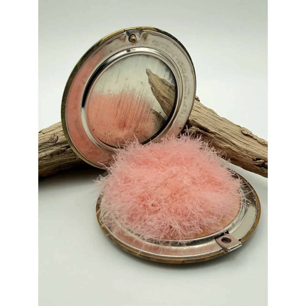 Wonderful antique powder compact with mirror, pink ostrich puff victorian